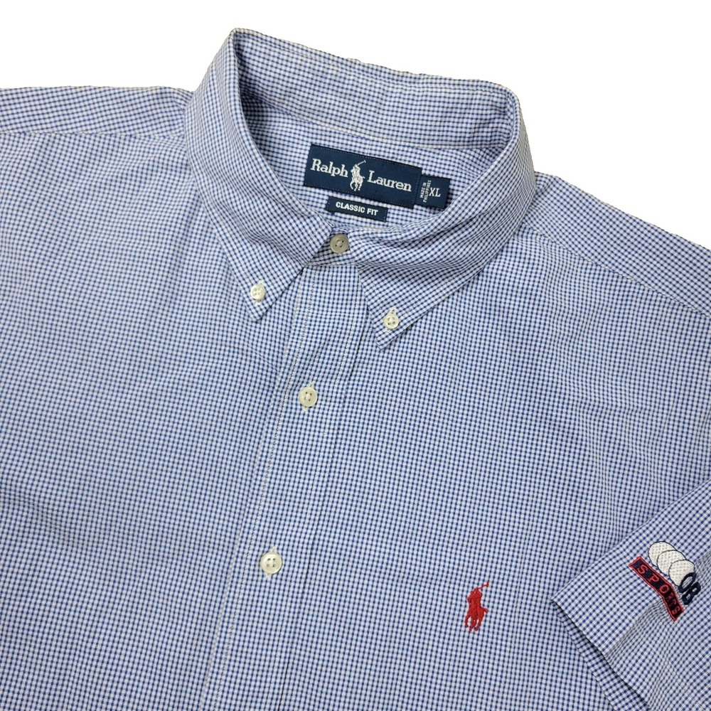 Vintage Ralph Lauren‎ Classic Fit Mens XL Blue White Mini Check Pony Button Down